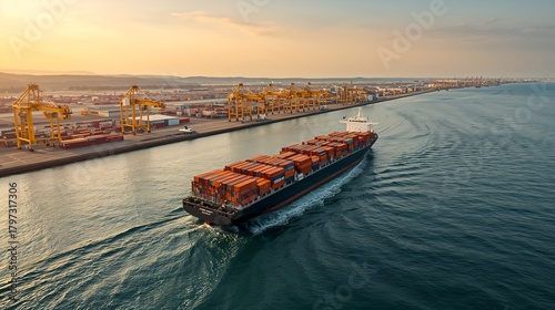 a cargo ship sailing into a busy port. The vessel is loaded with shipping containers, and the port is bustling with activity