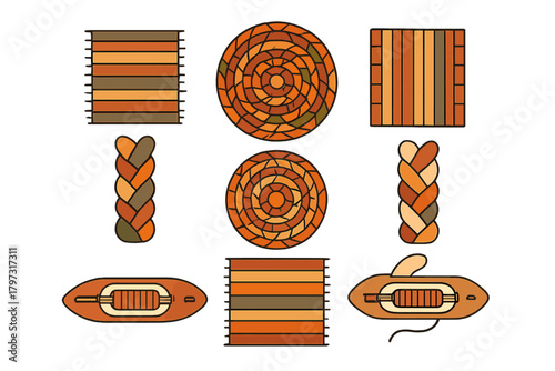 Collection of various woven and braided textile patterns in earthy autumn colors and geometric shapes