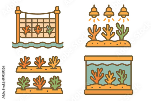 Icons illustrating different methods of seaweed cultivation and marine algae farming