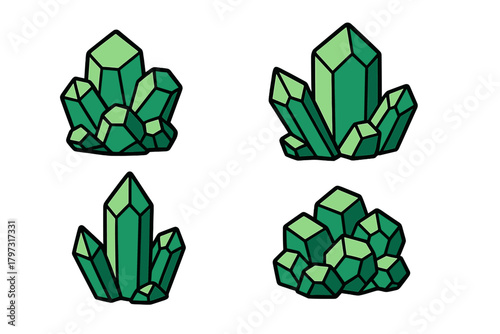 Set of four stylized green mineral clusters featuring geometric facets and thick black outlines