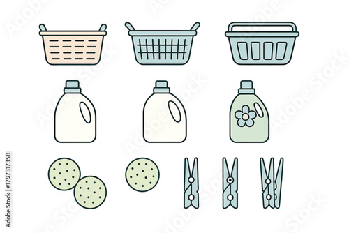 Household laundry supplies: baskets, detergent bottles, dryer balls, and clothes pegs