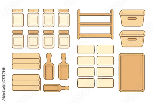 Kitchen pantry organization set with jars, wooden shelf, storage bins, scoops, and labels