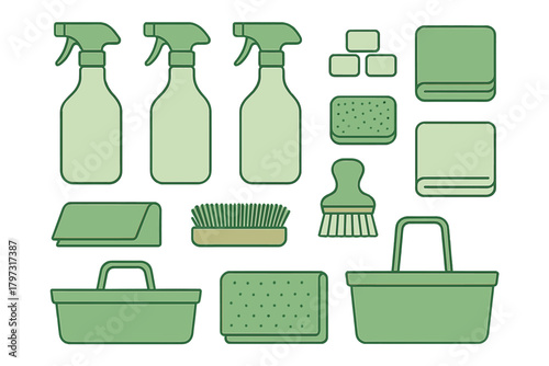 Various domestic cleaning tools and accessories in green color palette