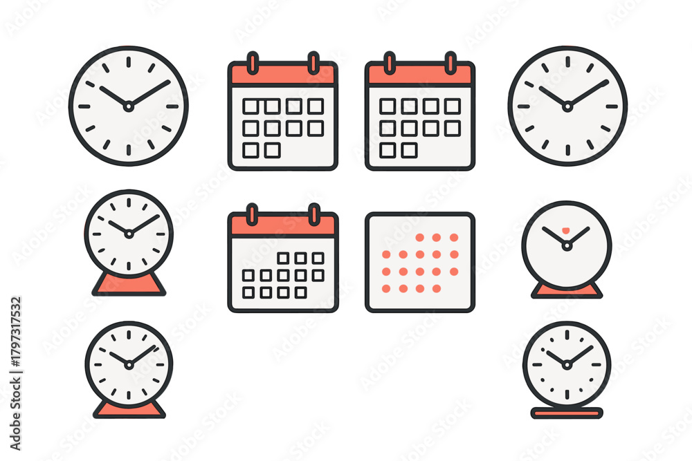 Obraz premium Simple outline symbols of clocks and calendars representing time management and scheduling