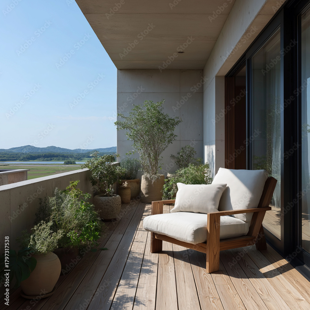 Fototapeta premium Sunlit retreat offers comfortable seating beside lush planters overlooking rolling hills.