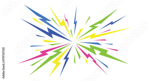 A colorful starburst of lightning bolts radiating from a central point