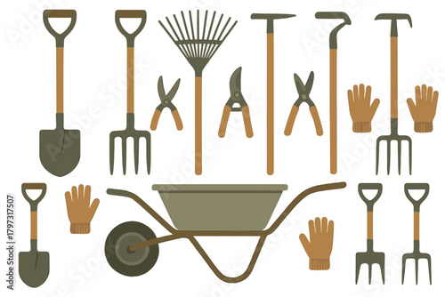 Essential gardening tools and equipment set including shovel, rake, gloves, and wheelbarrow