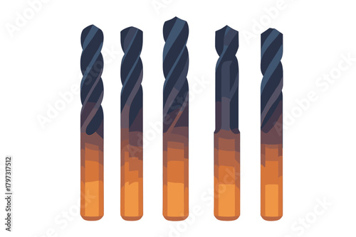 Set of five industrial drill bits used for metalworking, construction, and engineering tasks
