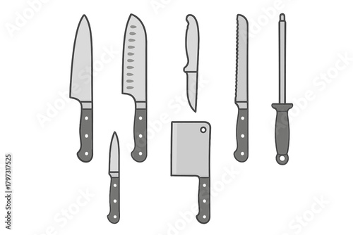 Set of professional kitchen knives and cutlery tools for food preparation