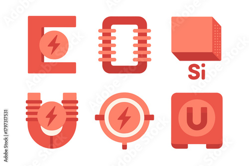 Scientific symbols representing physics, electromagnetism, solenoids, and semiconductors