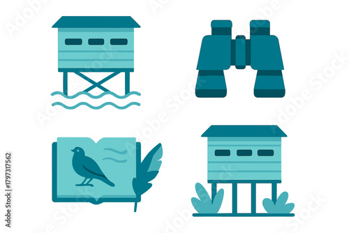 Birdwatching equipment set including observation blinds, binoculars, and nature field guide book