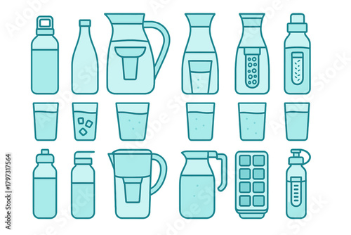 Set of water containers, drinking glasses, pitchers, bottles, and ice cube tray