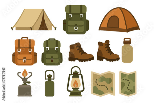 Collection of essential outdoor adventure gear including camping tents, hiking backpacks, and boots