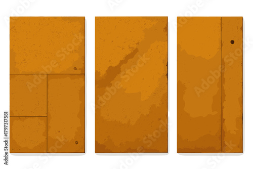 Minimalist abstract background with three vertical panels showing distressed oxidized metal surface