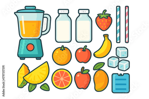 Essential ingredients and kitchen tools for making healthy fruit smoothies and fresh juices