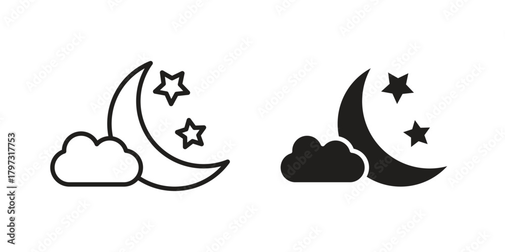 Naklejka premium Cloud moon icon flat and stroke collection for ui ux work.