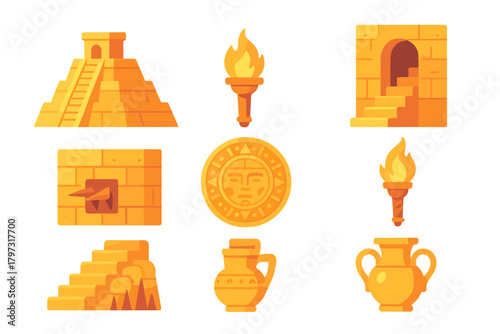 Ancient civilization ruins and artifacts including pyramid, torch, coin, and pottery symbols