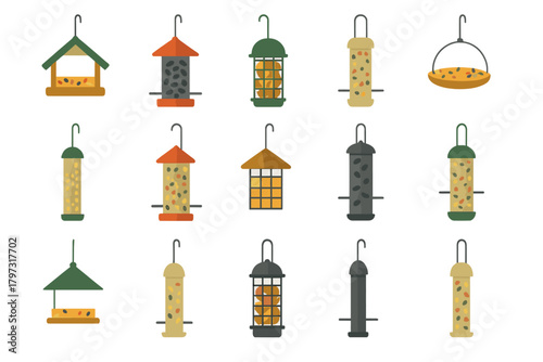 Diverse collection of outdoor hanging bird feeders containing different types of bird food