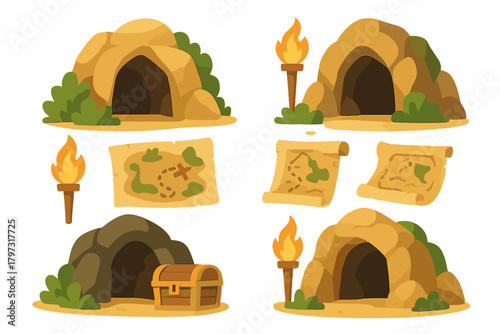 Set of cartoon cave entrances, burning torches, treasure maps, and closed wooden chest
