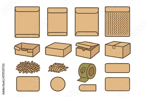 Set of cardboard shipping boxes, mailing envelopes, packing materials, and eco-friendly tape