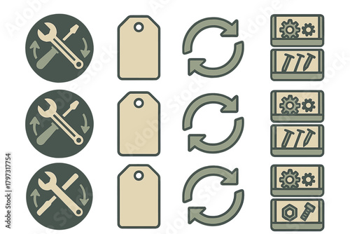 Set of essential utility icons for tools, hardware, settings, tags, and recycling
