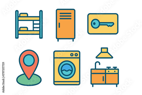 Flat icons for accommodation, shared living, furniture, and appliances