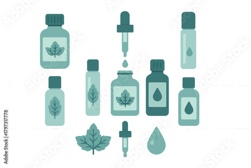 Natural herbal oil bottles and droppers for wellness and aromatherapy products