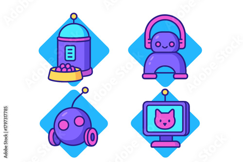Brightly colored futuristic technology concepts featuring smart pet devices and cute robots