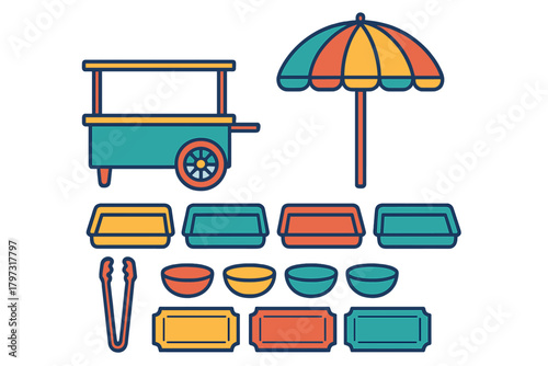 Street food vendor cart and market accessories set with colorful umbrella and serving containers