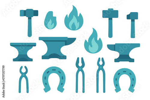 Blacksmith forging equipment set with anvils, hammers, tongs, horseshoes, and stylized flames