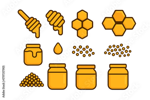 Set of flat design elements showing honey, dippers, jars, and honeycomb structure