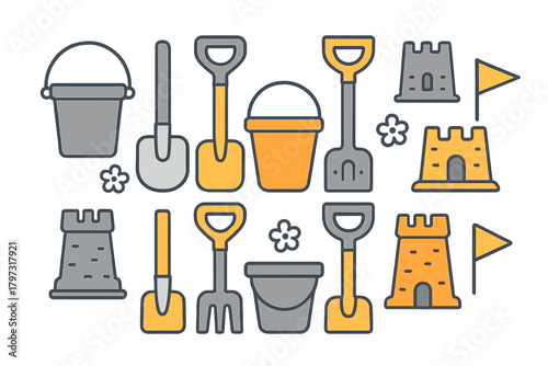 Collection of summer beach toys including sand buckets shovels rakes and sandcastle shapes