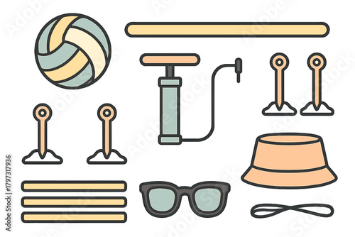 Beach volleyball game equipment set including ball pump sunglasses hat and boundary markers