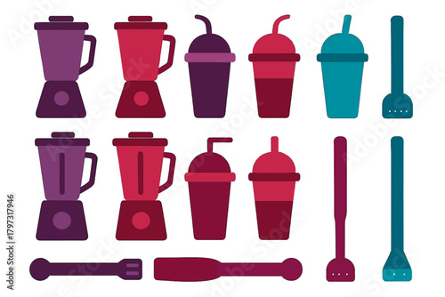 Seamless pattern of kitchen equipment including electric blenders, drink cups, and mixing accessories