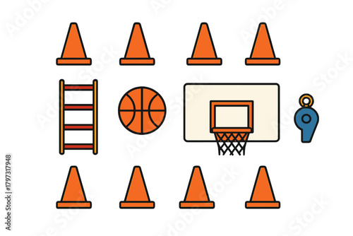 Basketball training equipment set including agility ladder, traffic cones, ball, hoop, and whistle