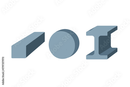 Structural steel profiles collection featuring rectangular bar, round rod, and I-beam shape