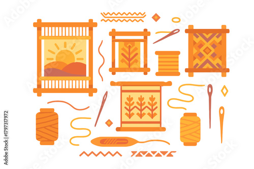 Collection of traditional weaving tools and textile craft supplies