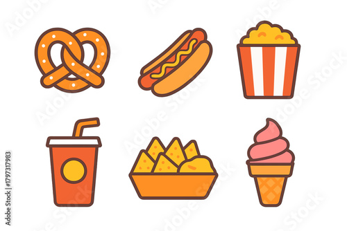 Set of popular concession and fast foods including hot dog, popcorn, pretzel, nachos, soda, and ice cream