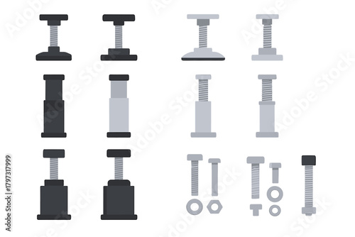Adjustable leveling feet, screw jacks, and hardware components for machinery support
