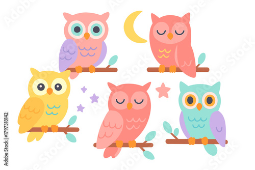 Five cute colorful cartoon owls sitting on tree branches with stars and moon