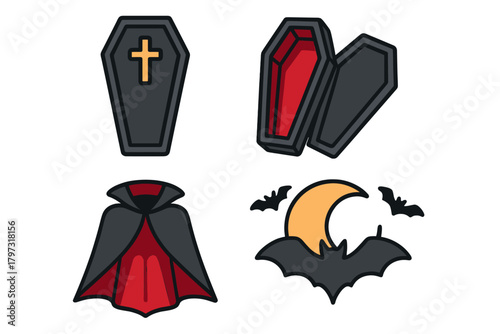 Spooky Halloween collection featuring coffins, vampire cape, bats, and crescent moon