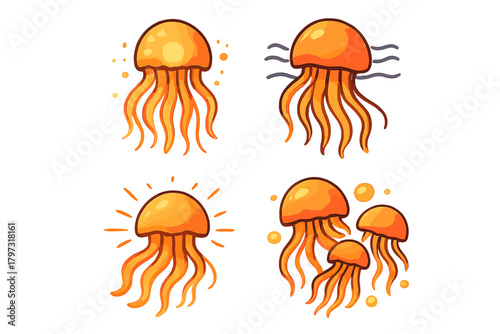 Collection of stylized orange jellyfish marine animals swimming underwater