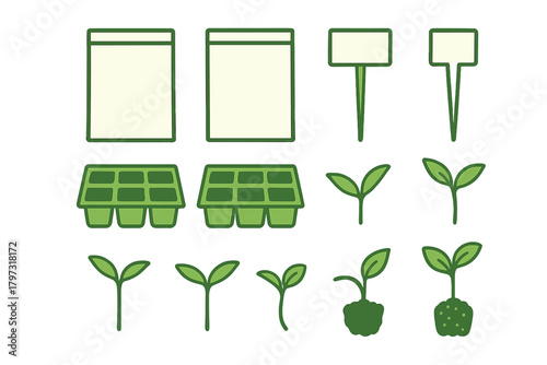 Gardening supplies and plant growth stages including seed packets and trays
