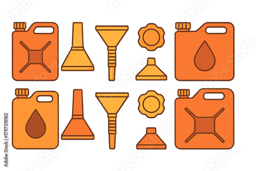 Seamless pattern of orange and yellow jerrycans, gas cans, and funnels for automotive fluids
