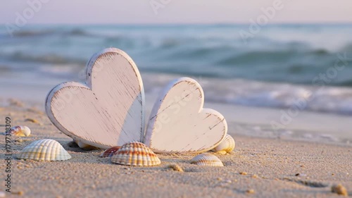 Two weathered wooden hearts sit on a sandy beach with shells and ocean waves.