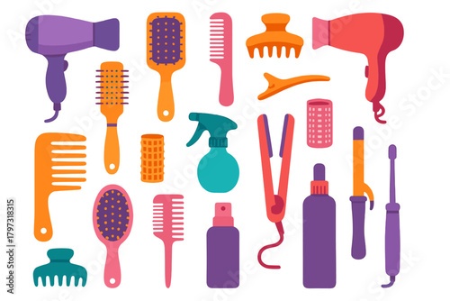 Vibrant collection of professional hair care tools, brushes, combs, and styling appliances