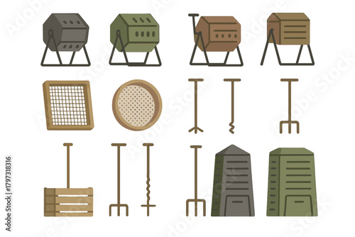 Composting bins, tumblers, sifters, and turning tools for sustainable gardening