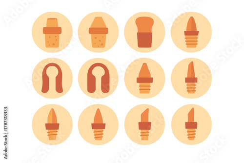 Twelve stylized bottle accessories set including wine corks, stoppers, and liquor pourers
