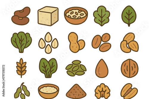 Healthy sources of plant-based protein including nuts, seeds, legumes, and leafy vegetables