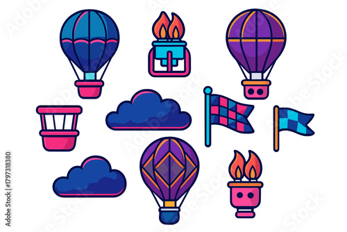 Vibrant collection of hot air balloon elements, including baskets, checkered flags, clouds, and flame burners
